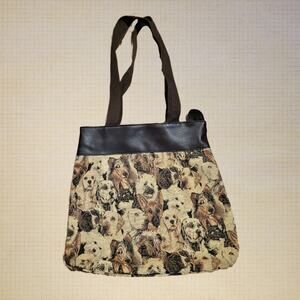 Dog Print Tapestry Tote Bag Animal Lover’s Shoulder Bag Faux Leather Trim
